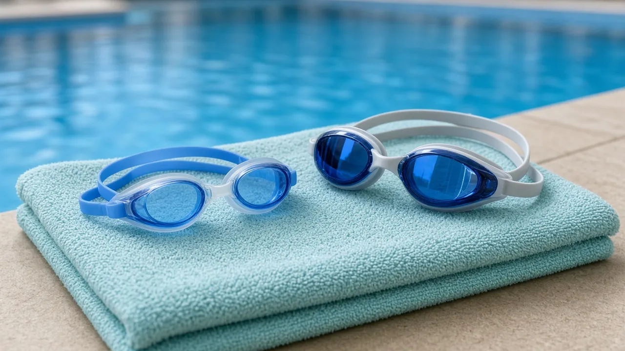 Zwei Schwimmbrillen in unterschiedlicher Größe liegen auf einem Handtuch am Beckenrand