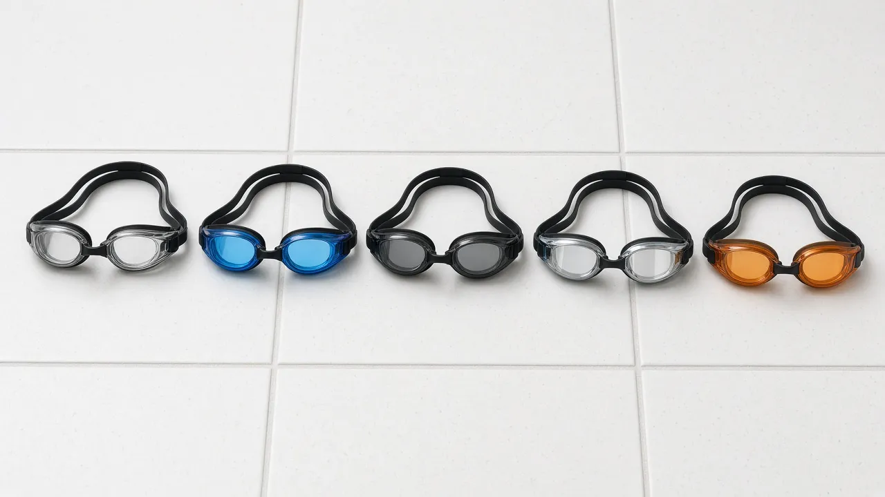 Fünf Schwimmbrillen mit klaren, blauen, rauchgrauen, verspiegelten und bernsteinfarbenen Gläsern nebeneinander