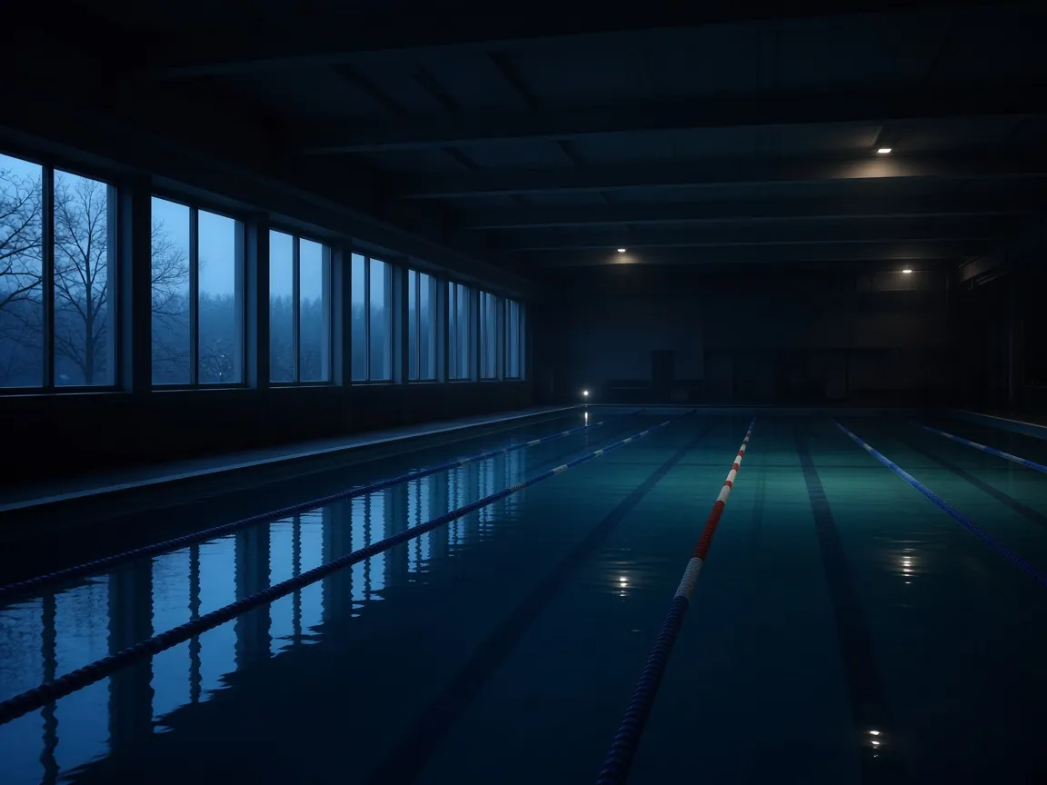Leeres Hallenbad am frühen Morgen mit gedämpfter Beleuchtung