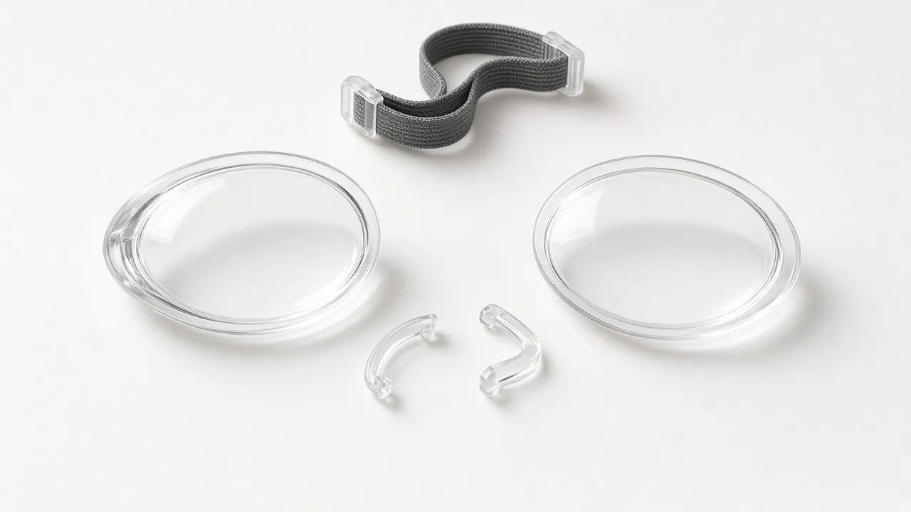 Zwei einzelne optische Schwimmbrillengläser mit Kopfband und Nasenstegen auf einem hellen Tisch