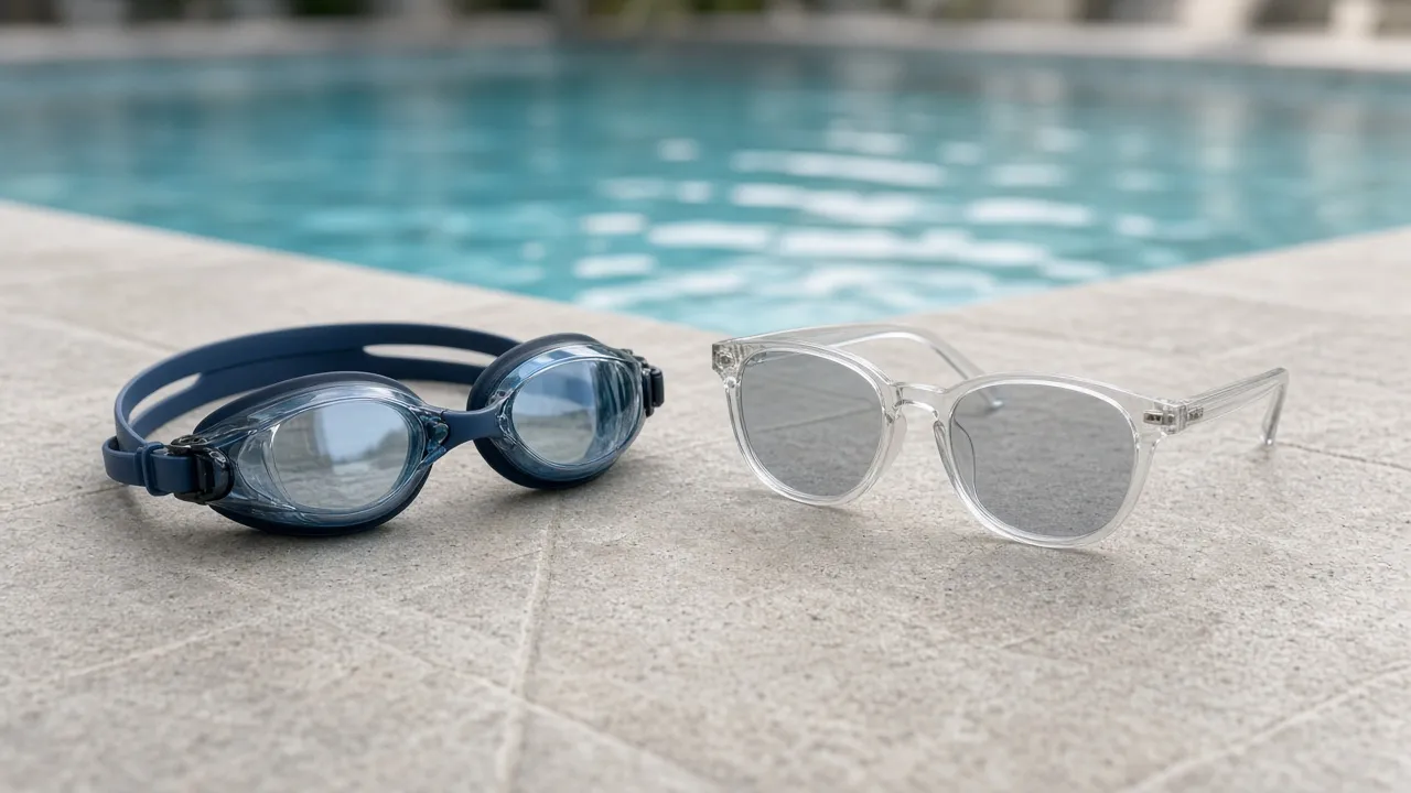 Optische Schwimmbrille mit leicht gewölbten Gläsern liegt am Beckenrand neben einer Alltagsbrille