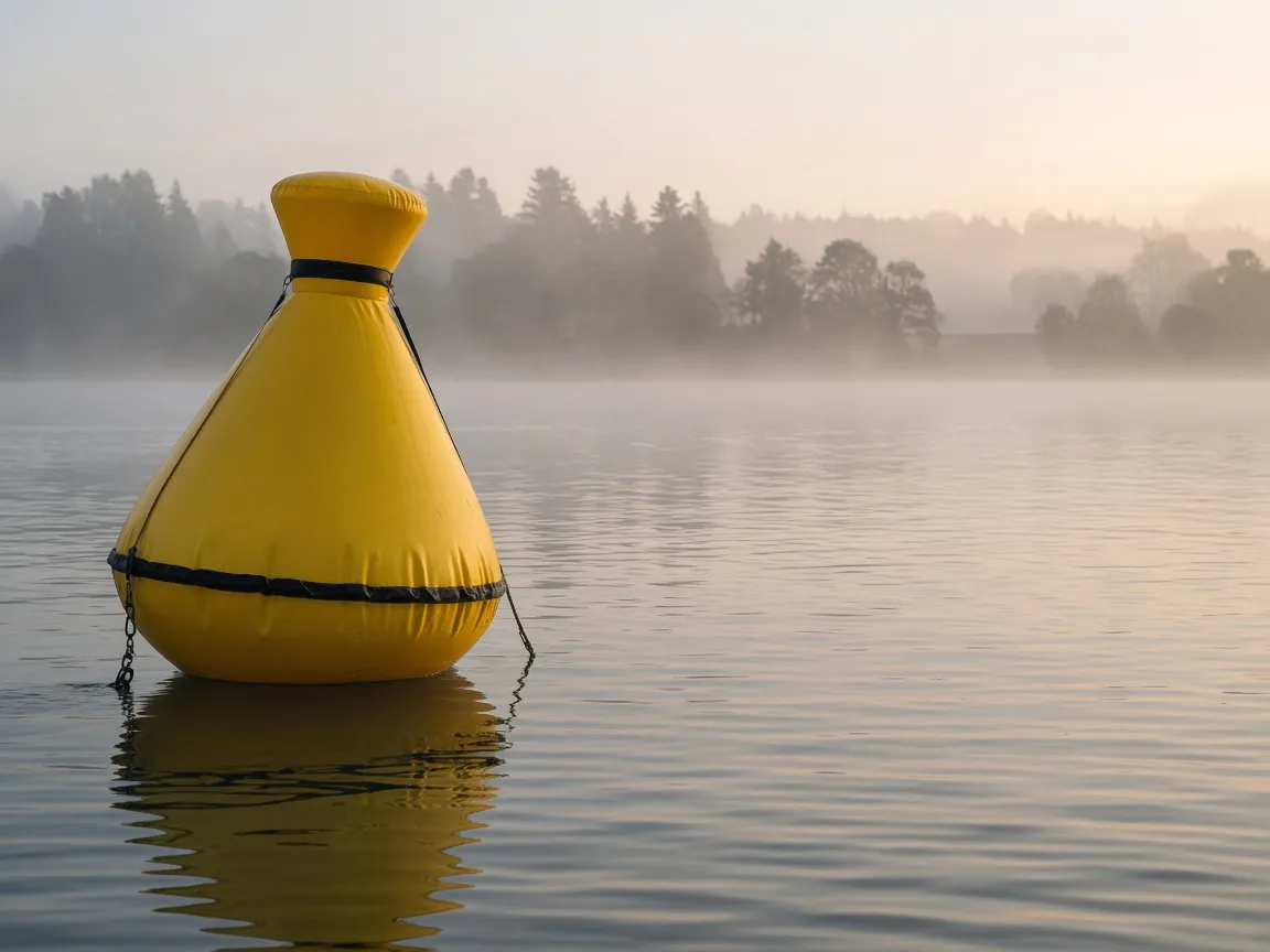 Gelbe Wendeboje auf einem ruhigen See, aus Wasserhöhe fotografiert