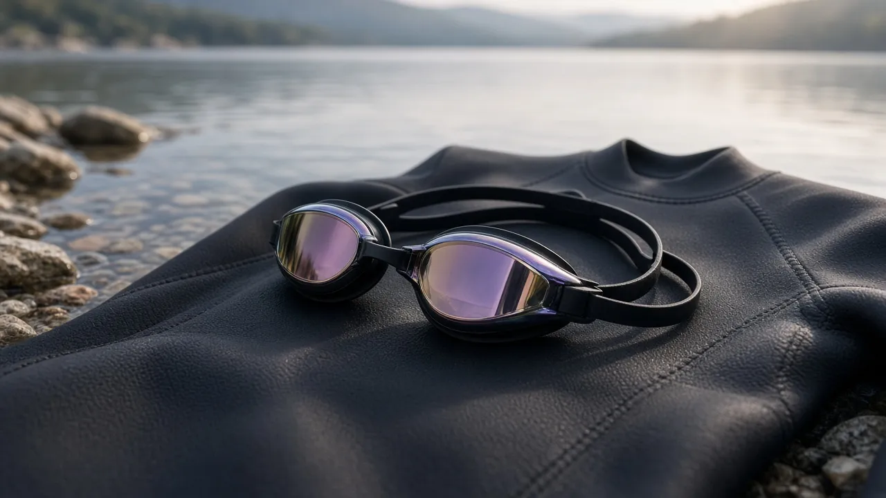 Schwimmbrille mit getönten Gläsern auf einem Neoprenanzug am Seeufer im Morgenlicht