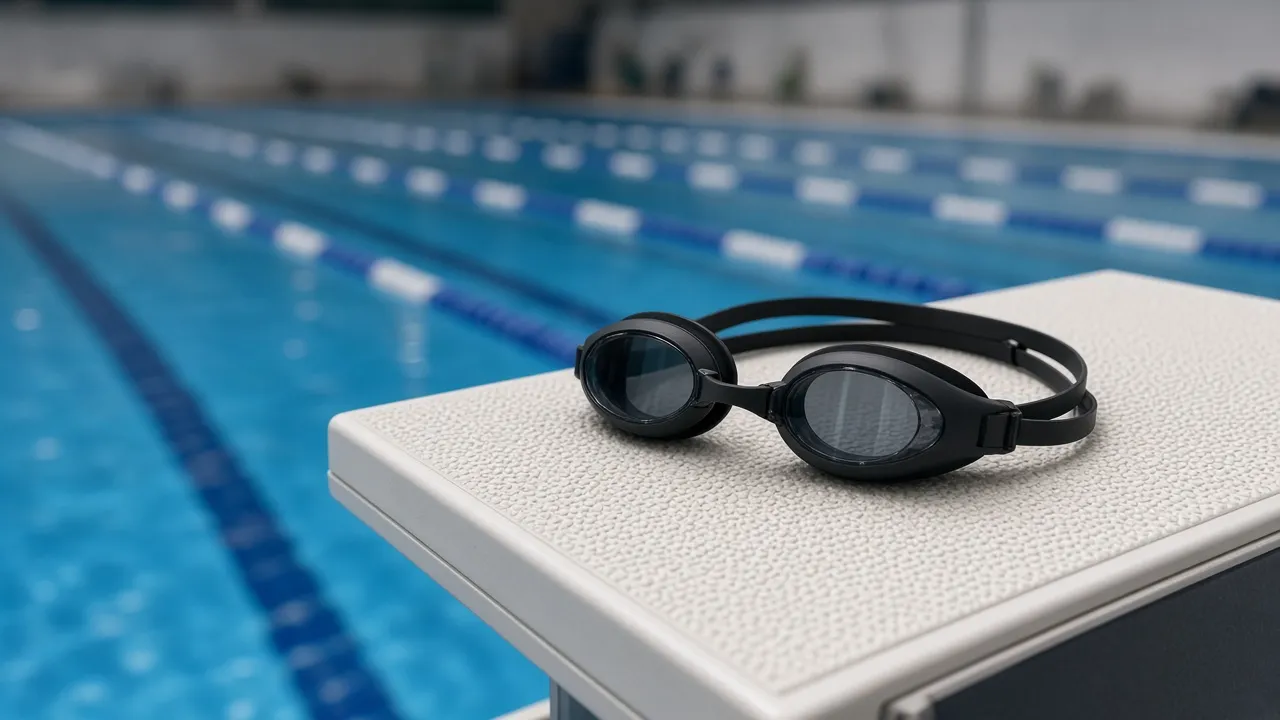 Flache Wettkampf-Schwimmbrille liegt auf einem Startblock im Hallenbad